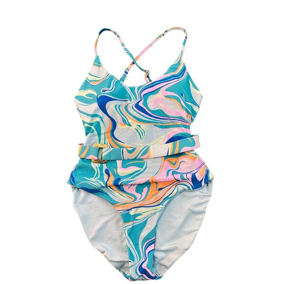 Palms Away Blue Tye Dye One Piece with Belt CrissCross Straps - Picture 1 of 5